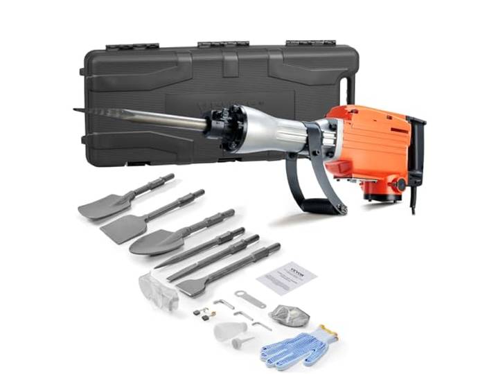 VEVOR Marteau de Démolition 2200 W Marteau-Piqueur 66 J 1350 BPM Marteau Perforateur avec 6 Burins Remplaçables Poignée Rotative 360° Anti-Vibration Brise-Béton pour Burinage Construction Plomberie