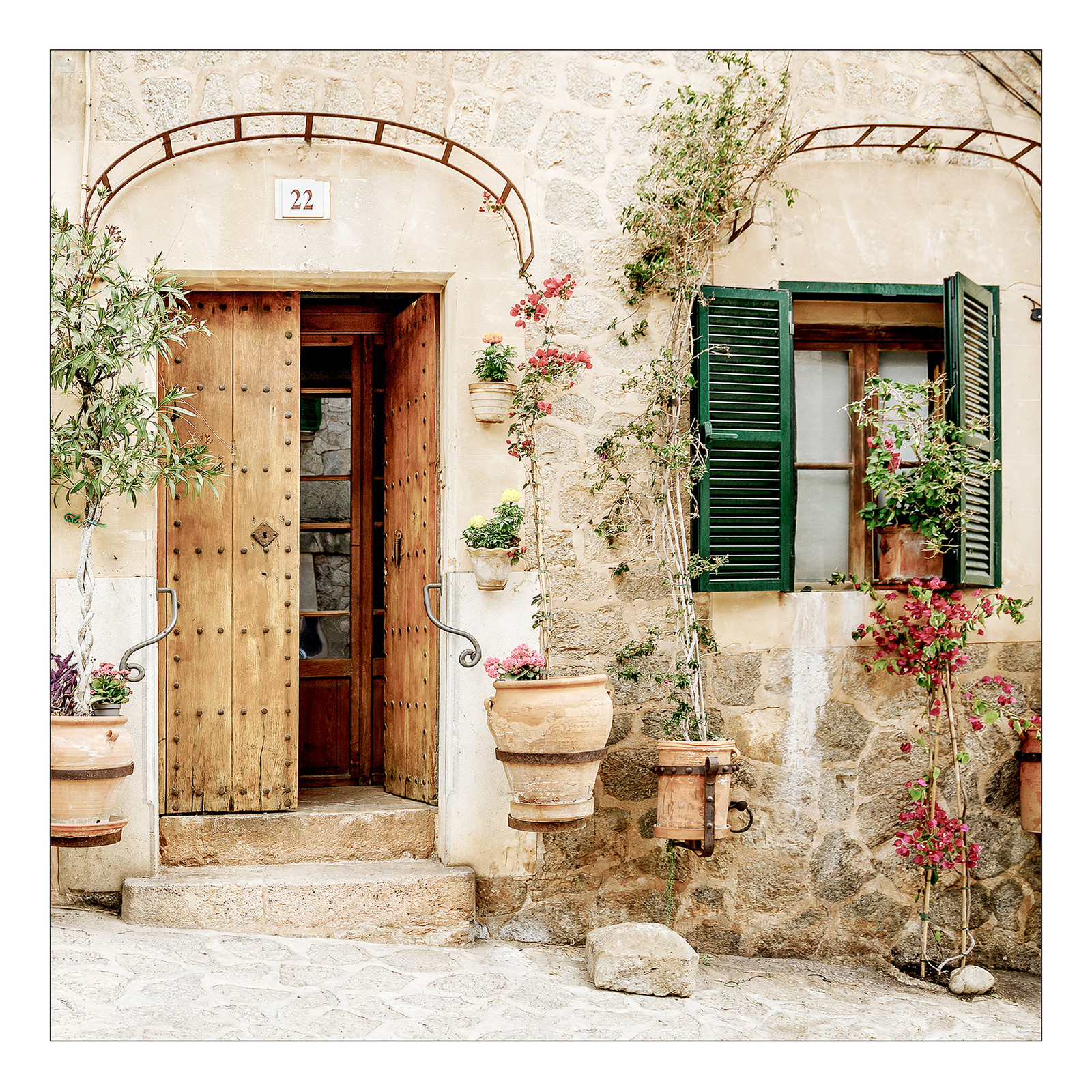 home24 Glazen afbeelding Mediterranean House B groen/bruin/beige 30 x 30 cm