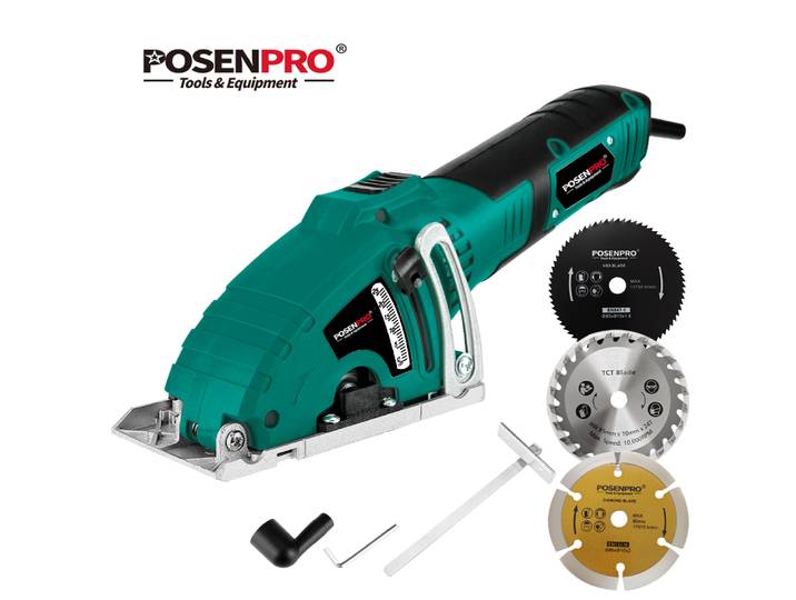 Scie circulaire électrique mini POSENPRO 600W, outil électrique pour couper le bois et le métal, accessoire de guidage parallèle, 3 lames