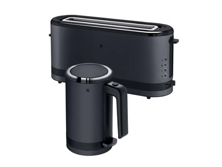 WMF Set 2-teilig Küchenminis Mini Reise-Wasserkocher Edelstahl 0,8l, elektrischer Wasserkocher mit Kalkfilter und Küchenminis Langschlitztoaster 2 Scheiben mit Brötchenaufsatz, Toaster schmal, schwarz
