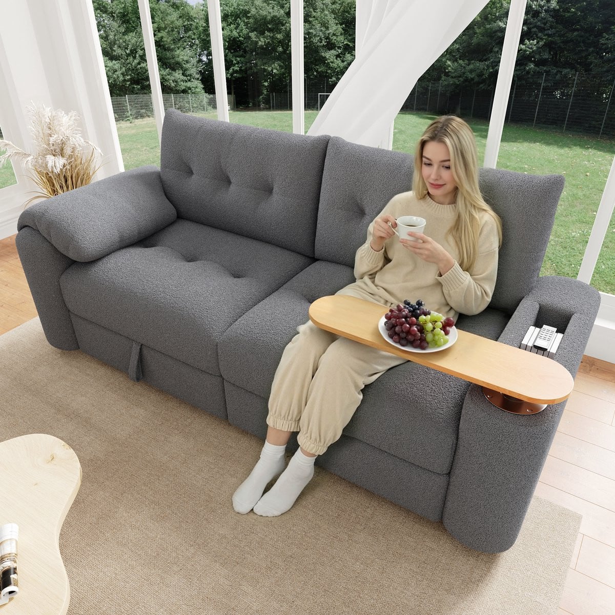 Clruro Modulaire 3-zits Bank met opbergruimte en bijzettafel in Grijs Teddy stof