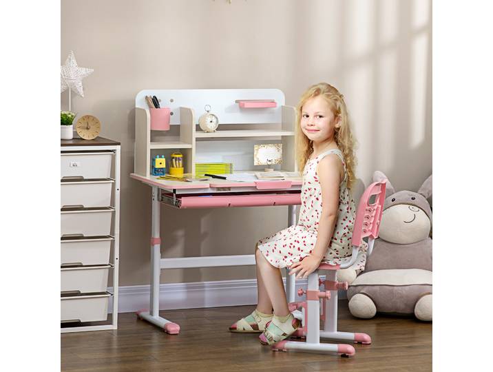 HOMCOM Bureau et Chaise Enfants Ajustables avec Tiroir Rose