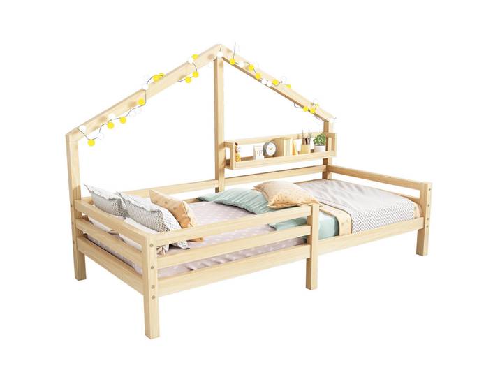 Komhtom Hausbett 90x200 cm mit kaminförmigem Regal, natur, Naturfarben, Holz, Mode, 90x200 cm, Babymöbel & Kindermöbel, Kinderzimmer & Jugendzimmer, Kinderbetten, Spielbetten