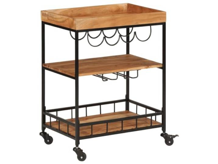 Barwagen 60x40x80 cm Massivholz Akazie und Eisen mit 3 Ablagen und Rollen Massives Akazienholz, Eisengestell, Schutzgitter, Becherhalter, Weinhalter, 4 Rollen, vielseitig
