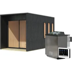 Karibu Design Saunahaus Miramar mit Vorraum - 73 mm schwarz Inkl. Terrasse 9 kW Bio-Kombiofen inkl. Steuergerät