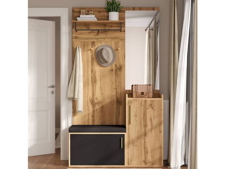 JOINERY meuble rangement vestiaire d entrée compact avec miroir banc à chaussures et patères 100 x 38 x 185 cm noir naturel