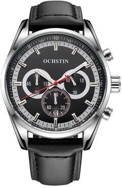 Everyday Crate Ochstin 6046A Mens Leather Watch Business Quartz Watch Waterproof Analog Wristwatch silver+black