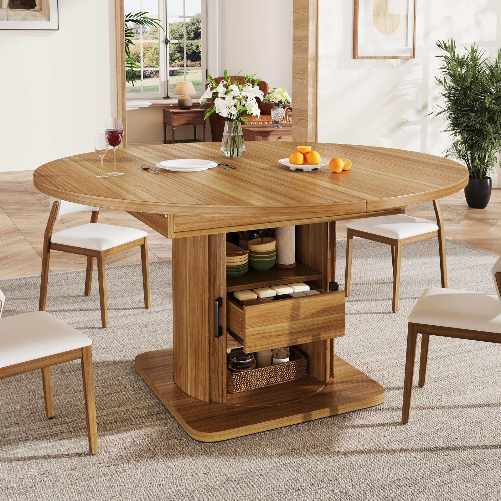 MODFU Uitschuifbare ronde eettafel met lades, bruin, 118 tot 158 cm