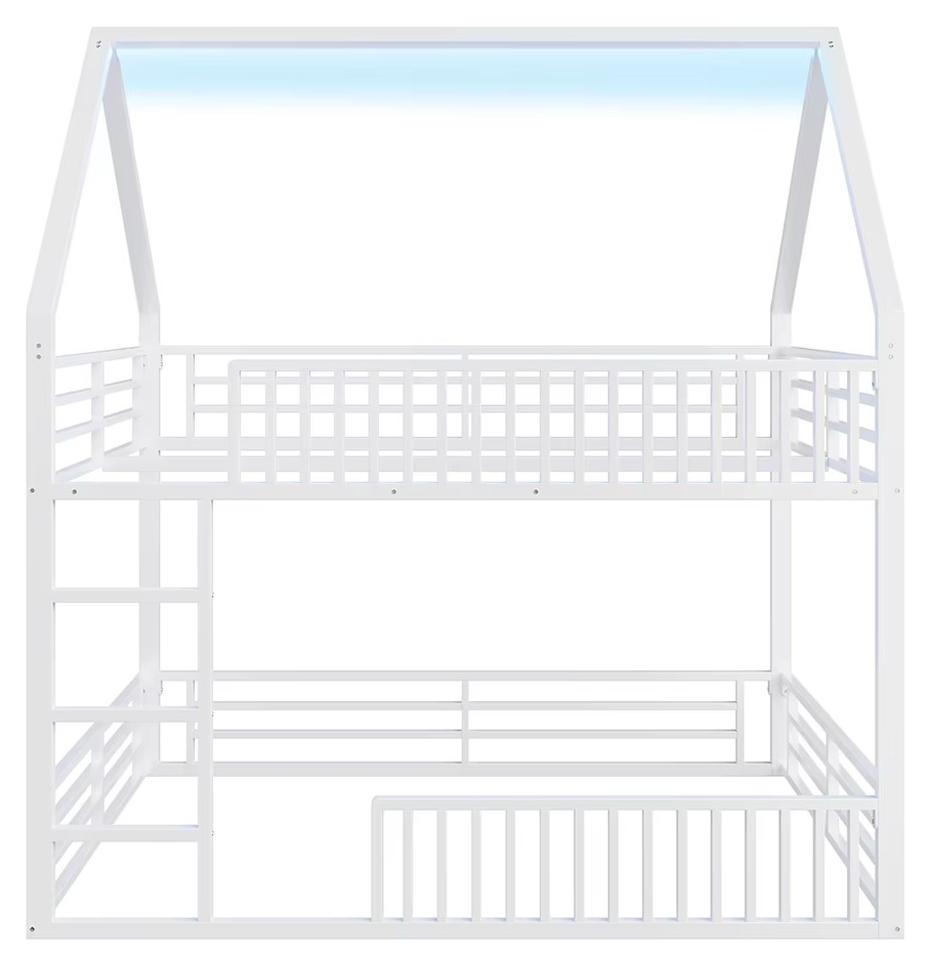 Hausbett mit Treppe - Bett 140 x 200 cm - Sicherheitsgitter - Integrierte LED-Beleuchtung - Robuster Eisenrahmen - Weiß