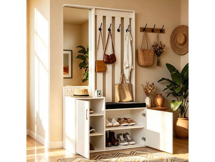 Meuble à Chaussures 6 en 1 avec Miroir et Banc et Porte-Manteau -Porte-manteau mural pour l'entrée - 100x40x180 cm - Blanc