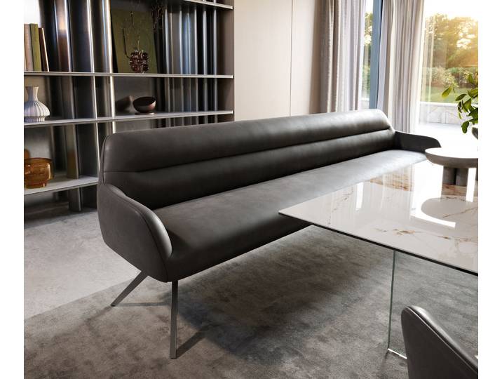 Esszimmerbank Taya-Flex 300 cm Mikrofaser Anthrazit Vintage Kreuzgestell kantig Graphit Taschenfederkern, Bänke