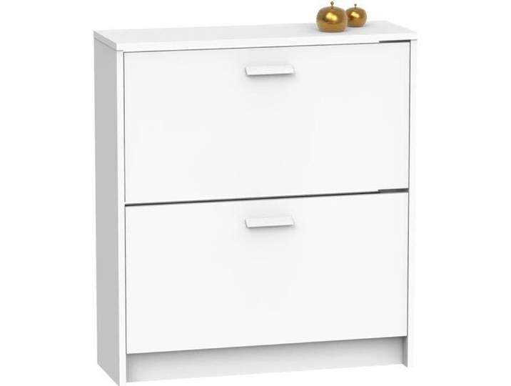 Commode Meuble à chaussures 2 portes coloris blanc - Hauteur 82 x Longueur 74 x Profondeur 25 cm