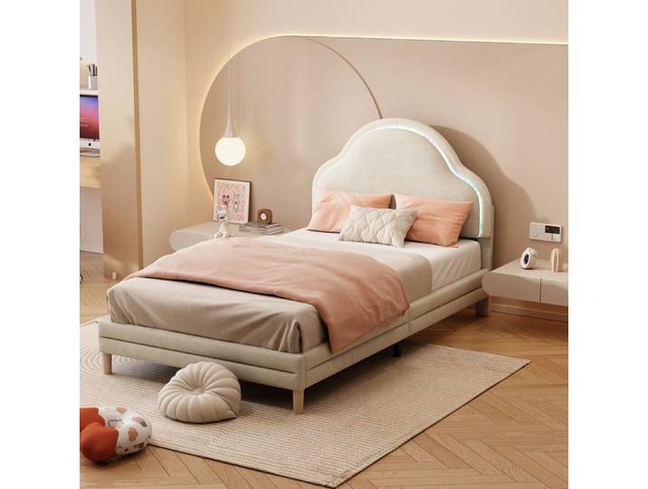 DRIPEX Lit enfant 90x200cm avec tête de lit en forme de nuage Lit rembourré avec bandes LED multicolores velours Beige