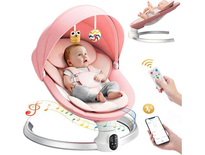 Balançoire électrique pour bébé avec 3 minuteries, application et télécommande Transat, 5 vitesses de balançoire, 10 musique, Bluetooth, rose