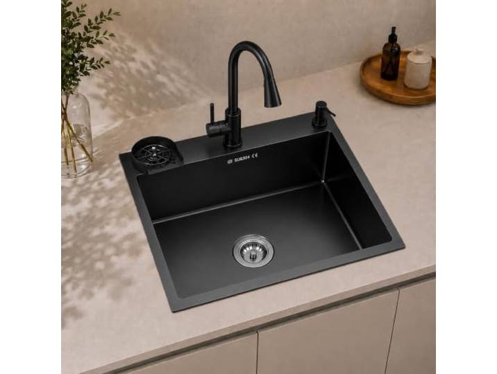 Faizee Home Edelstahlspüle Schwarz 45x45 cm mit ausziehbarer Armatur Wave Rostfreie Küchenspüle Einbauspüle SUS304 Eckiges Einzelbecken Inkl. Spülkorb & Siphon-Set