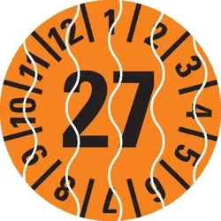 Dreifke® Prüfplakette 27, orange, Sicherheitsfolie, selbstklebend, Ø 15mm, 60 St/Bogen