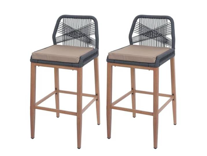 Mendler 2er-Set Barhocker HWC-O21 Holz-Optik - anthrazit, Kissen Taupe Outdoor, Sitzpolster, Rope-Barhocker, Seilgeflecht, Metall in Holz-Optik