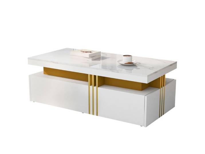 Table basse rectangulaire - LANGTU - Moderne - Plateau brillant blanc - 2 tiroirs - Bandes latérales métal doré