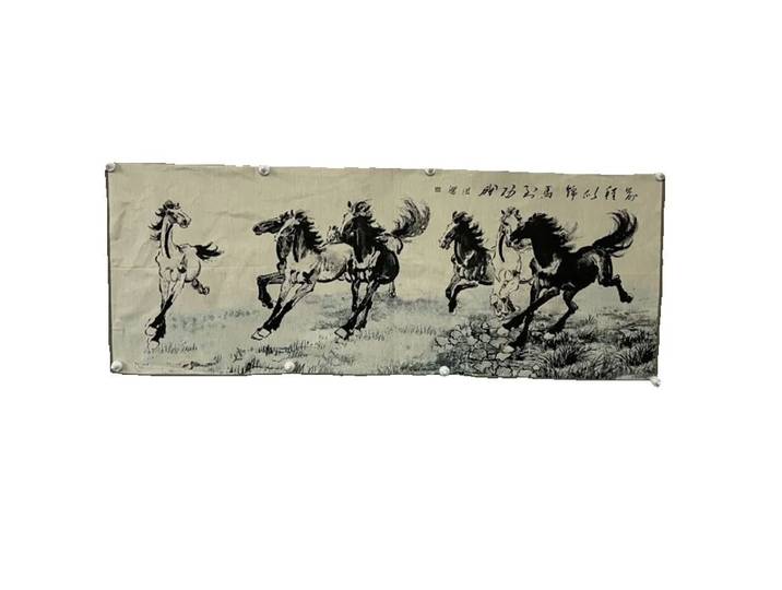 Brocart chinois ancien de couleur 'Diagramme des huit chevaux' Broderie Artisanat Peinture de paysage - Pièce de décoration d'intérieur décorative