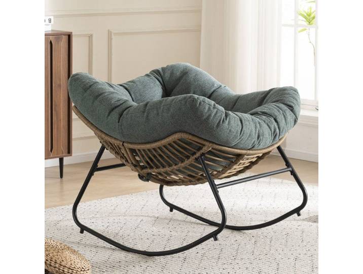 WOVREO Fauteuil à bascule Papasan en chenille vert structure métallique et assise style osier