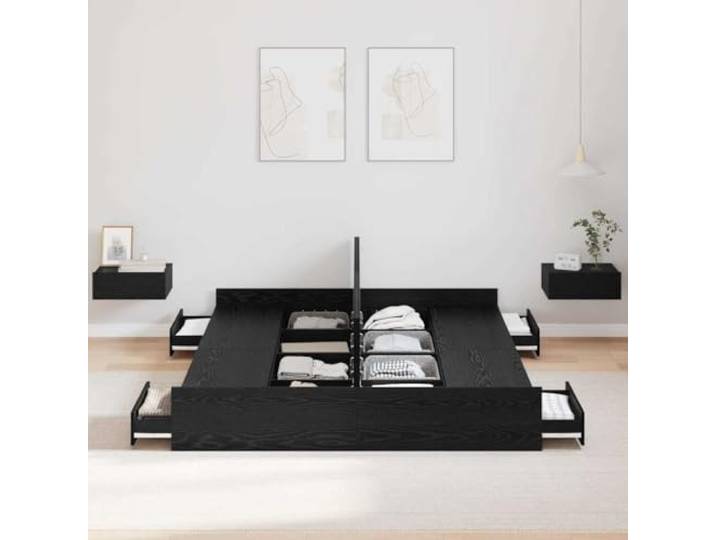 KTHLBRH Boxspringbett Doppelbett Eiche Schwarz 140 x 200 cm 4 integrierte Schubladen, mehrschichtiges Holz, robuste Struktur, pflegeleicht