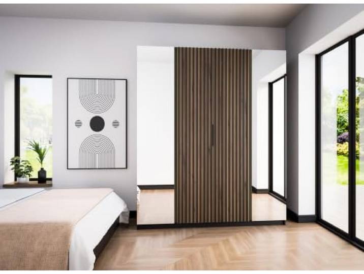 AX Living Nehir Schrank 200 cm Schwarz/Eiche Evoke, Spiegel außen, Lamellen 2 Spiegel außen; 2 Lamellen mittig – clever organisiert.
