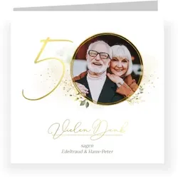 Dankeskarte Goldene Hochzeit: Goldjahre mit Fotos in Weiß