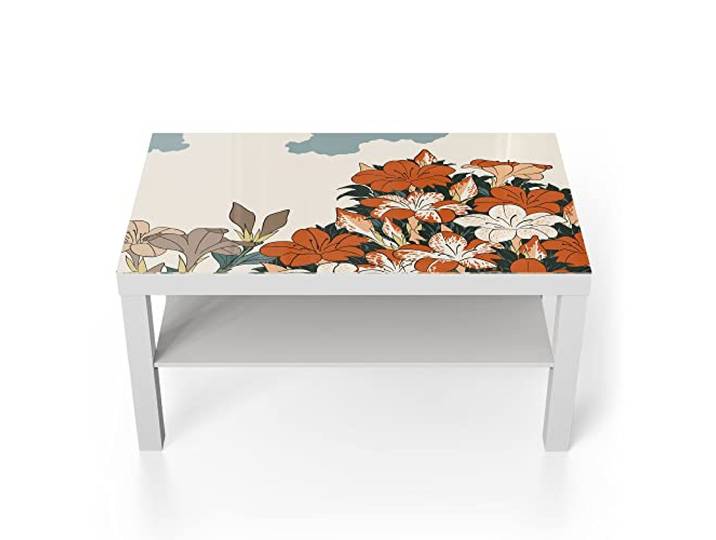 DEQORI Glastisch weiß groß 90x50 cm Motiv Azaleen und Kuckuck ausgefallener Beistelltisch aus Glas Hochglanz Couchtisch fürs Wohnzimmer moderner Couch Tisch mit Design