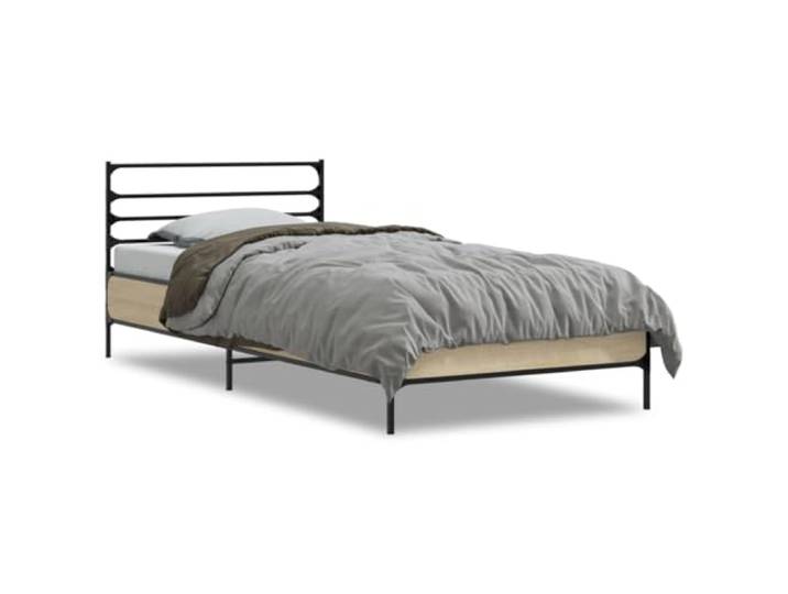 PUGYNBK Bettgestell 90 x 200 cm Sonoma Eiche Holztechnik, Metallbeine, Sperrholzleisten, Kopfteil inklusive