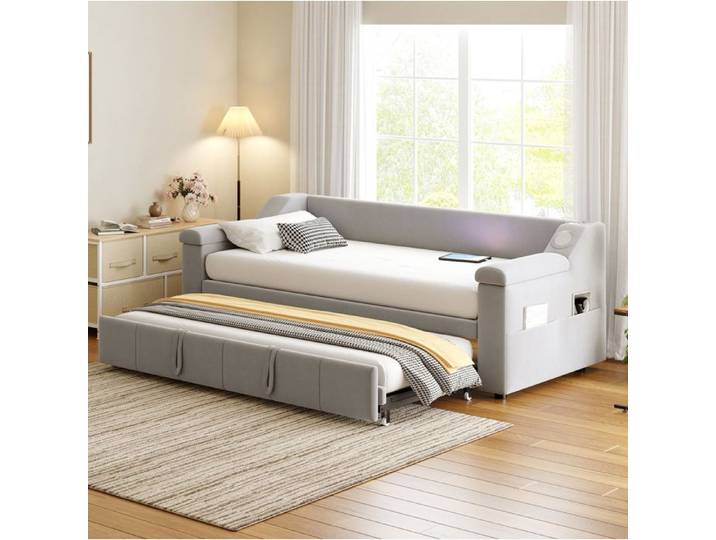 Canape-lit convertible 90 x 190 cm extensible 180 x 190 cm a lattes velours gris clair Bluetooth USB