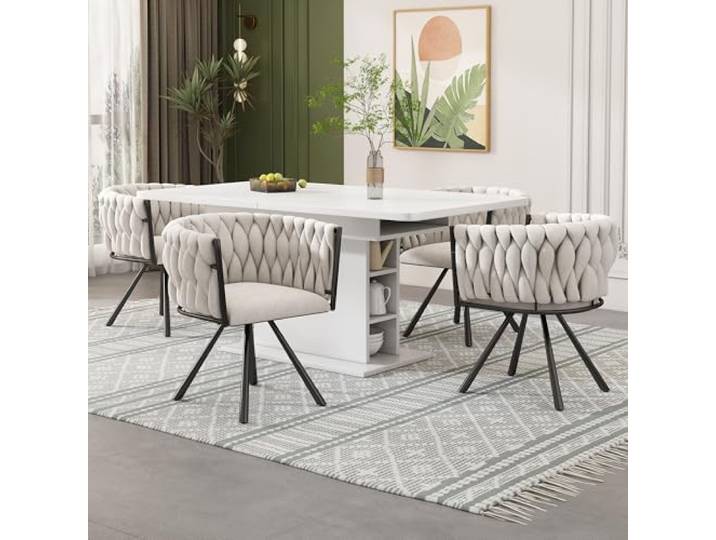 Merax Leinen Drehstuhl 4er Set, Moderne Esszimmerstuhl aus Leinen, Armlehnstuhl Drehbar mit Metallbeinen, für Esszimmer, Wohnzimmer, Schlafzimmer, Beige