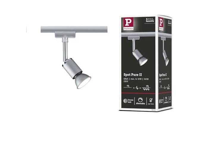 Paulmann 95331 URail Spot sur rail Pure II\, spot simple\, GU10\, max. 10 W\, dimmable\, 230 V\, chrome mat\, chrome\, système de rails libre choix de l'ampoule