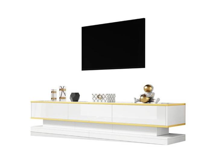 Meuble TV blanc chaud 200cm - 3 tiroirs - bordure dorée - buffet bas - grand rangement - salon brillant