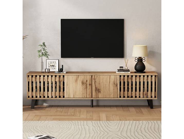 Meuble TV meuble tele 180x40x55 cm Bois naturel 8 compartiments support TV jusqu'à 70 pouces salon