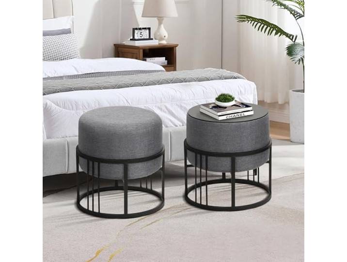 [en.casa] Hocker Tas multifunktionaler Sitzhocker 2er Set stapelbar Ottoman Beistelltisch rund 38 x 38 cm Fußhocker gepolstert Pouf Dunkelgrau