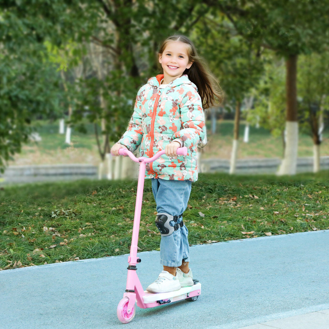 Metro AIYAPLAY Electronic Ride on Scooter for Kids w/ Auxiliary Rear Wheels Pink