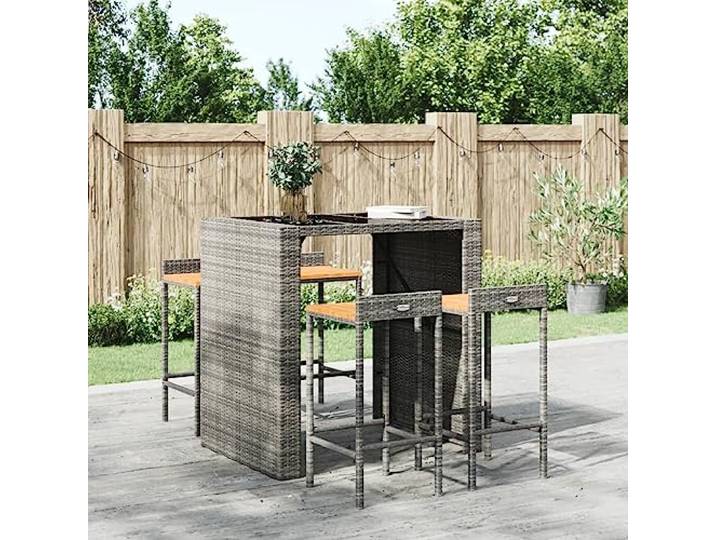 NLQMSU Barhocker, 4 Stück, grau, geflochtenes Harz, Akazienholz Strapazierfähiges Polyrattan, pulverbeschichteter Stahl, integrierte Fußstütze, einfache Montage, innen und außen