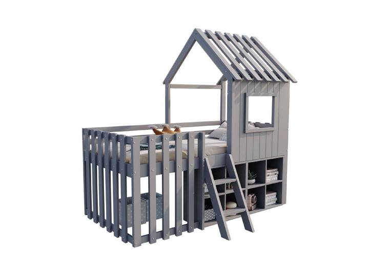 EXTSUD Kinderbett Hausbett 90x200, mit Dach und Fenster, mit offenem Stauraum, mit Kletterleiter, Massivholz-Kinderetagenbett ohne Matratze