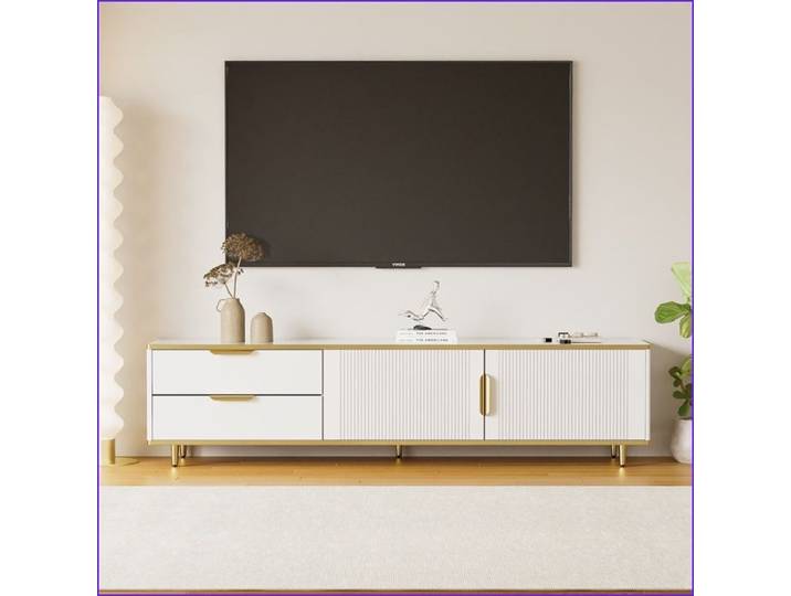 Meuble TV & Divertissement - Design Élégant avec Texture Gravée Poignées/Pieds Dorés & Surface Marbrée - Blanc & Or