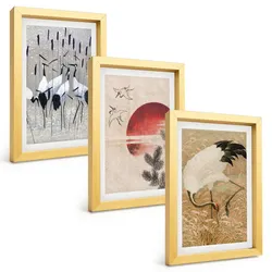 BILDER SET 3er Set - 20x30 cm Goldrahmen - Japanische Kraniche Landschaft