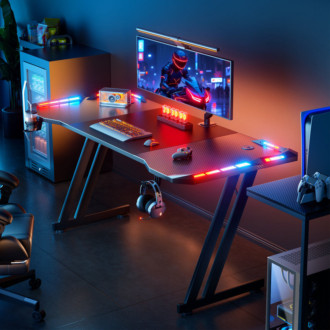 Metro Gaming Desk with LED Lights, Computer Gaming Table, Sturdy PC Desk for Home Office, Gamer Table with Headphone Hook and Cup Holder, Black Black 74cm H x 160cm W x 60cm D