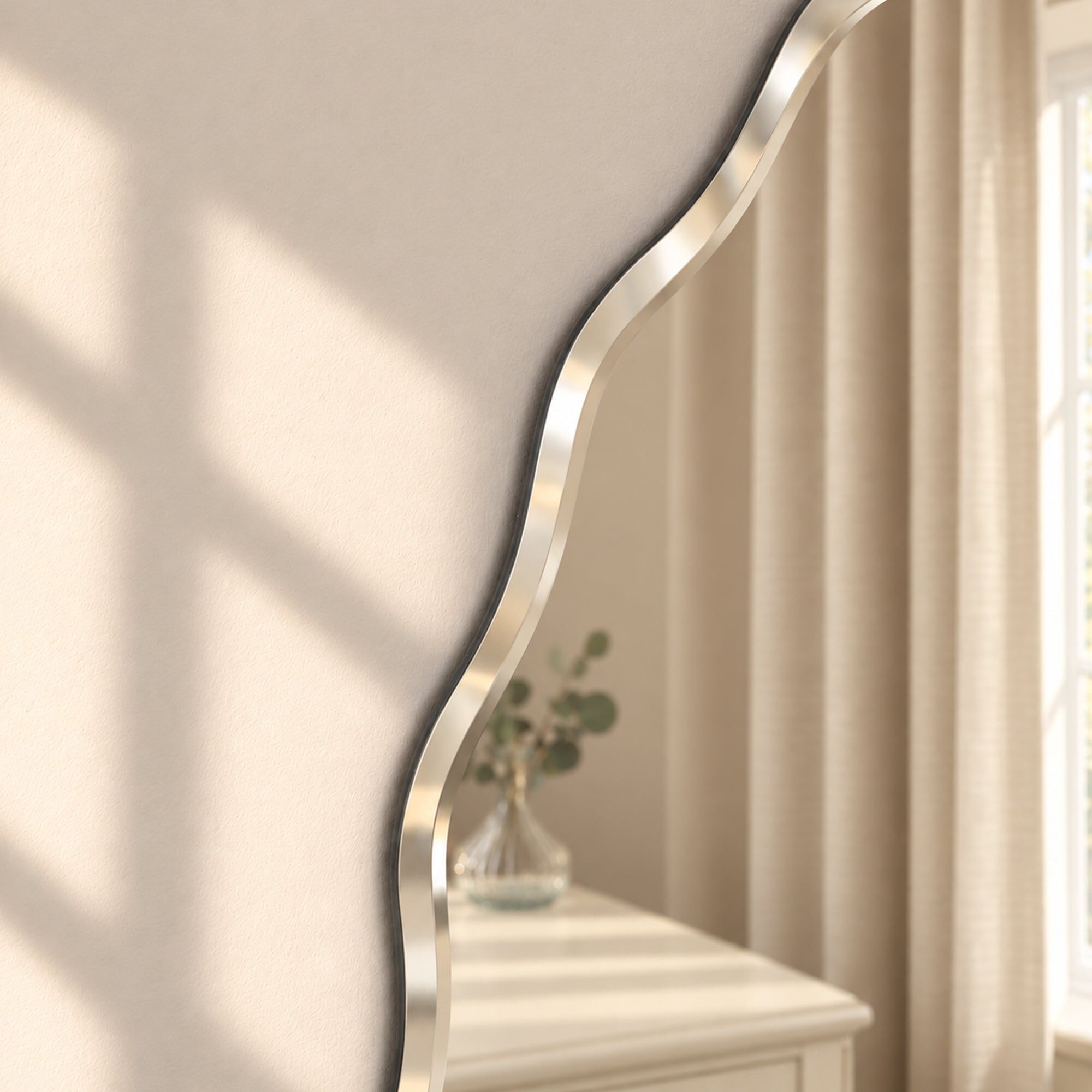 Frameless Scalloped Bevelled Edge Wall Mirror - 60cm x 60cm Glass, Wood, Metal