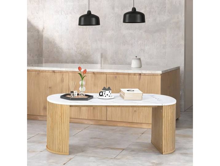 Table basse ovale à monter 110x50x40 cm effet marbre blanc et bois naturel
