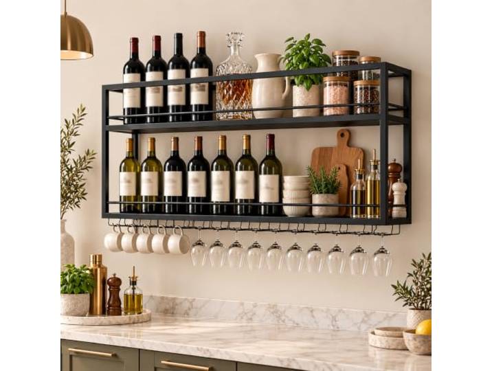 Weinregal Wand Metall mit Glashalter, Industrieller Wein Flaschenregal 2 Ablagen plus Glashalter, platzsparende Wandaufbewahrung für Weinflaschen, Gläser und Barzubehör in Küche oder Hausbar