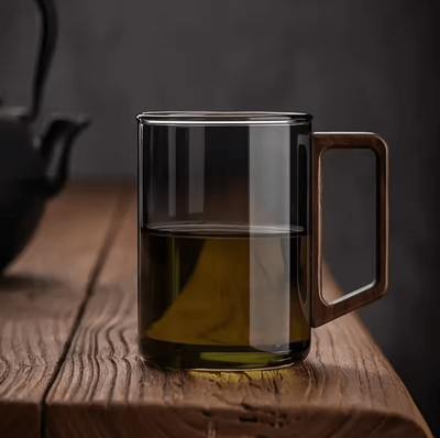 Uplift Curations 400ml Heat Resistant Glass Tea Cup With Walnut Handle Elegant Coffee & Office Drinking Mug 1pc Gray