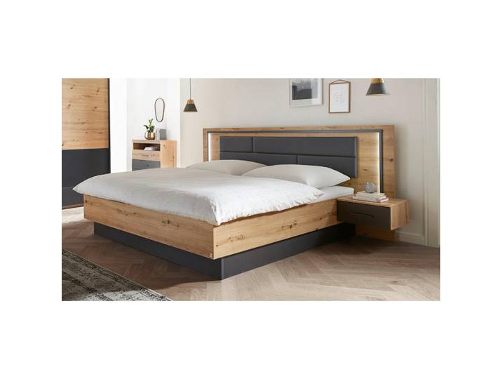 Rauch Möbel Bettanlage, Grau, Eiche Artisan, Textil, Holzwerkstoff, 180x200 cm, Blauer Engel, Goldenes M, Made in Germany, Beleuchtung, In verschiedenen Grössen erhältlich, Lattenrosthöhe individuell einstellbar,hängend, Schlafzimmer, Bett, Bettanlagen