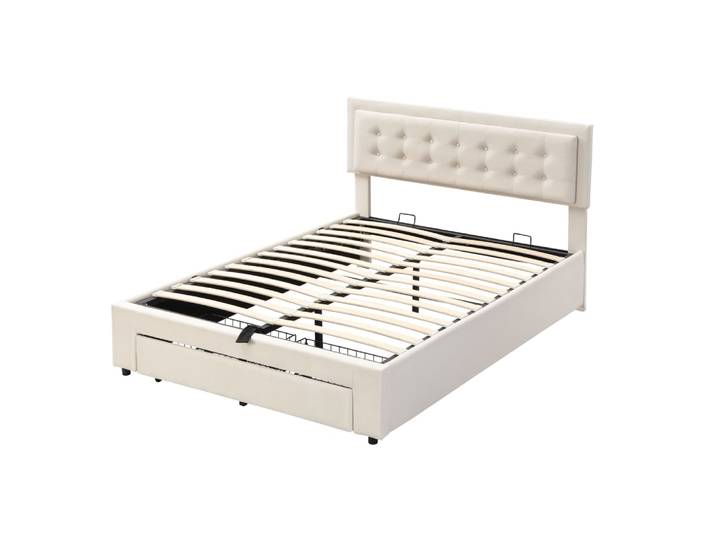 Lit adulte 140x200 avec rangement et tiroirs, velours, beige