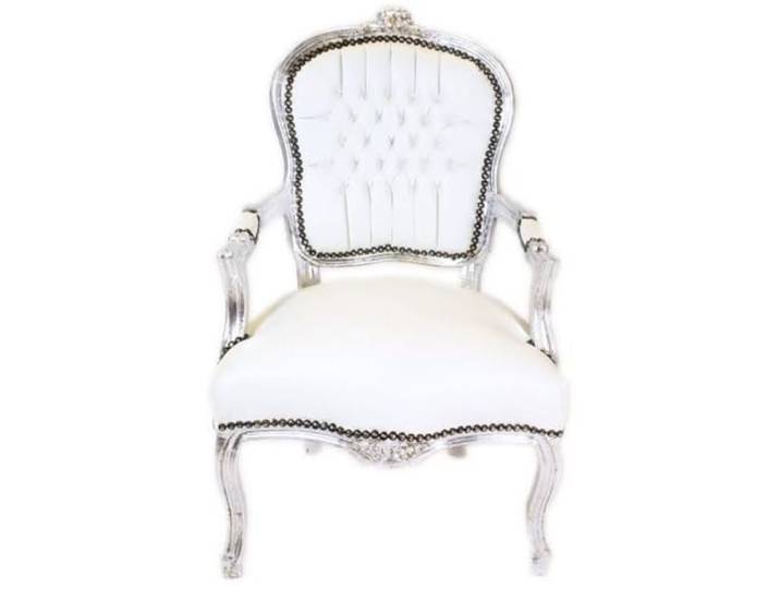 Casa Padrino Barock Salon Stuhl Weiß/Silber - Handgefertigter Antik Stil Stuhl mit edlem Kunstleder - Möbel im Barockstil - Barock Möbel - Barock Einrichtung