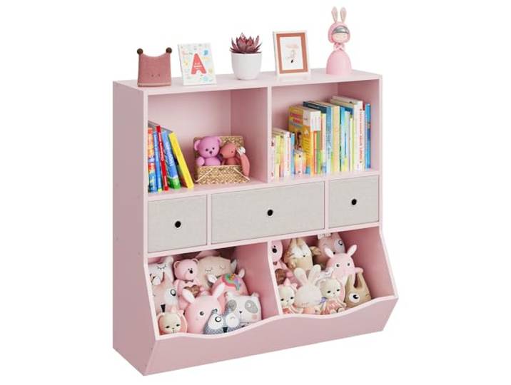 Euker Kinder-Bücherregal & Spielzeugaufbewahrung, 3 Ebenen Ordnungsregal mit 2 Fächern & 3 herausnehmbaren Schubladen, für Kinderzimmer/Babyzimmer/Spielzimmer/Kindergarten - Farbe: Hellrosa