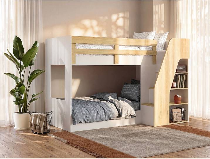 Etagenbett mit Stauraum + Matratze - 90 x 190 cm - Weiß & Holzfarben - NAROJAS